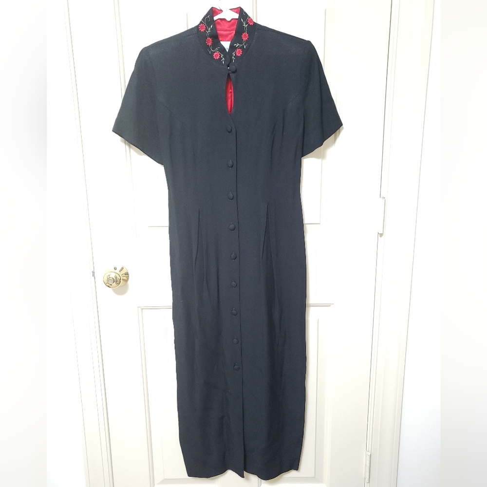Vintage Mandarin Collar Embroidered Button-Down Dress